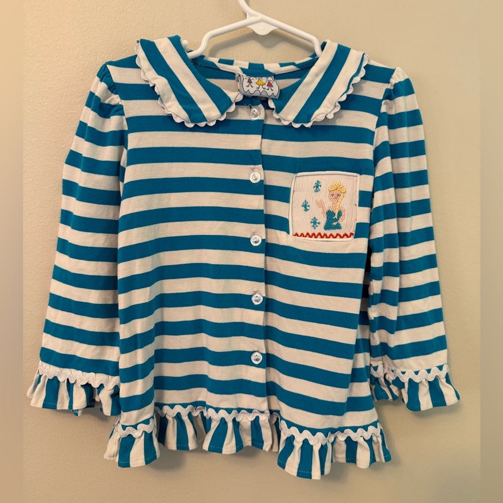 Three Sisters Smocked Frozen Elsa Blue and White Striped Button-Up Shirt